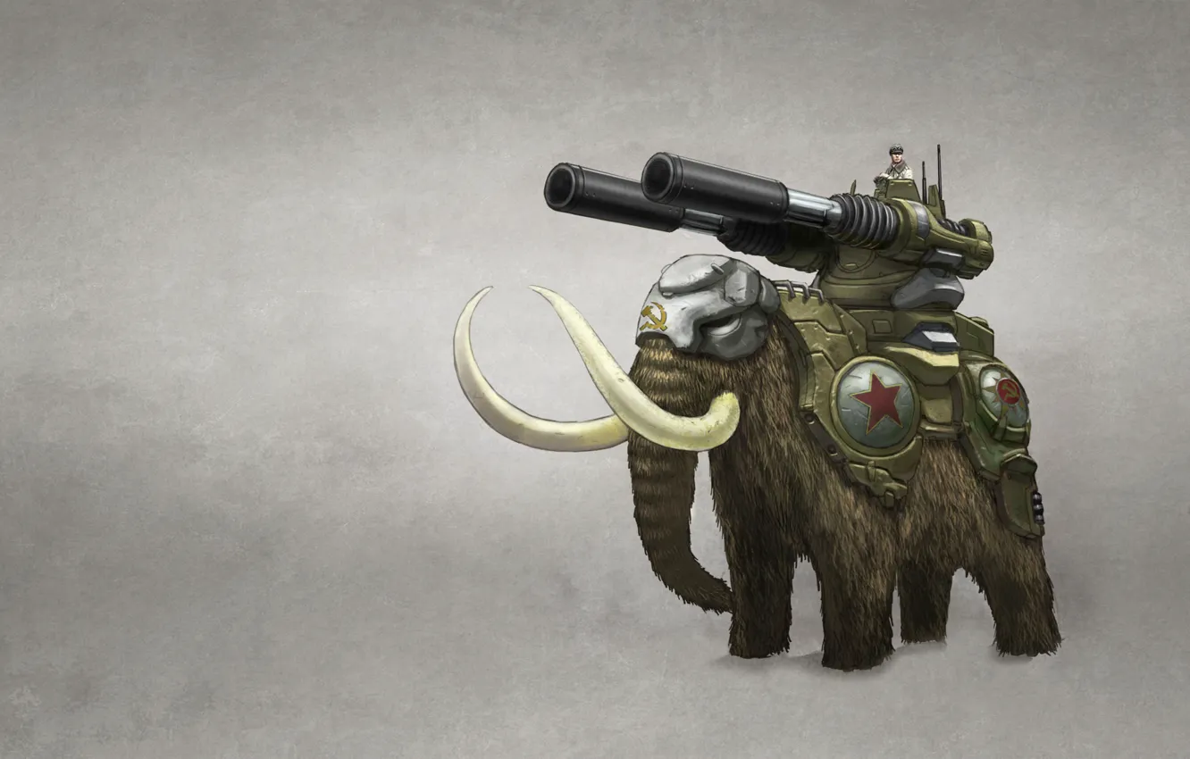 Фото обои оружие, человек, слон, пушки, белый фон, мамонт, бивни, Command &ampamp; Conquer