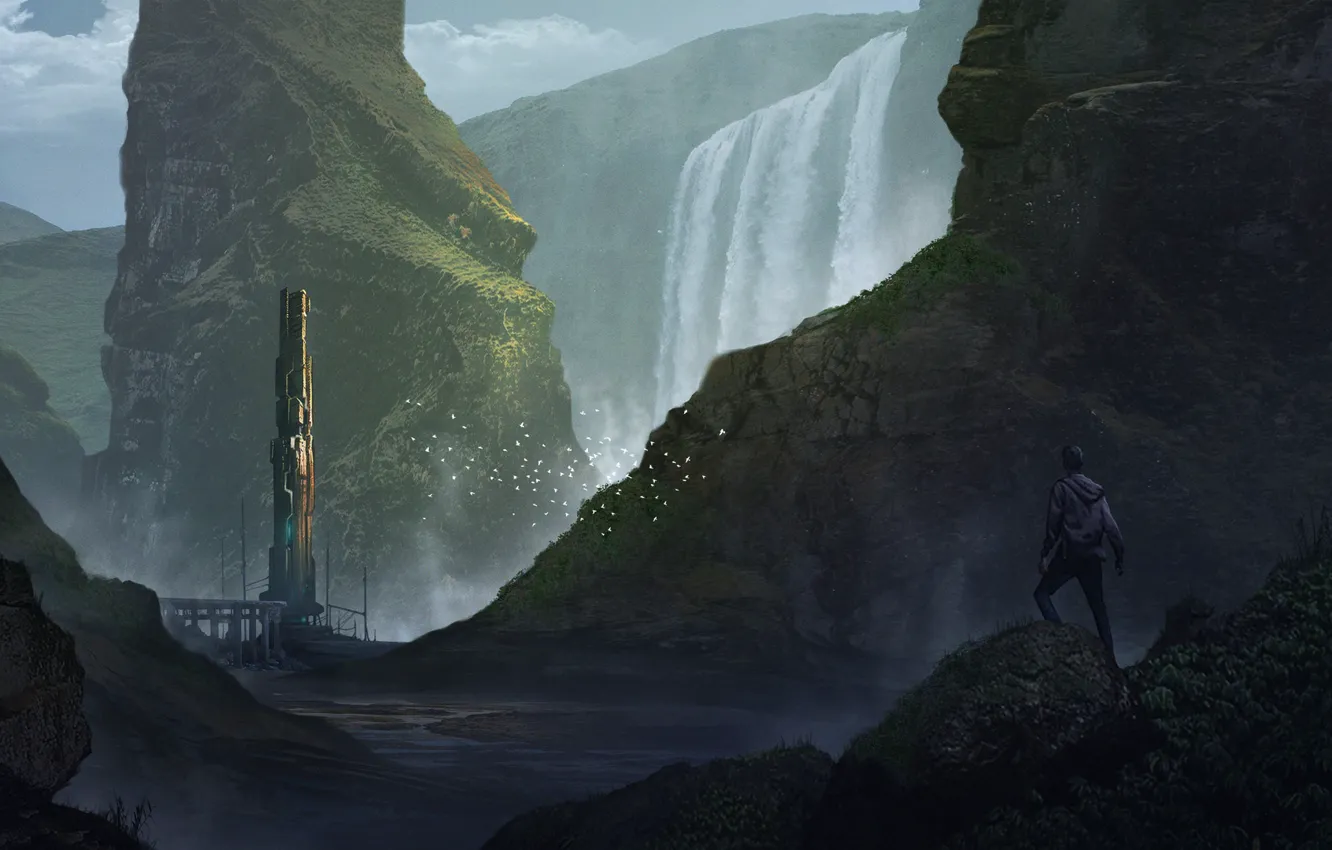 Фото обои горы, человек, водопад, сооружение, Tower