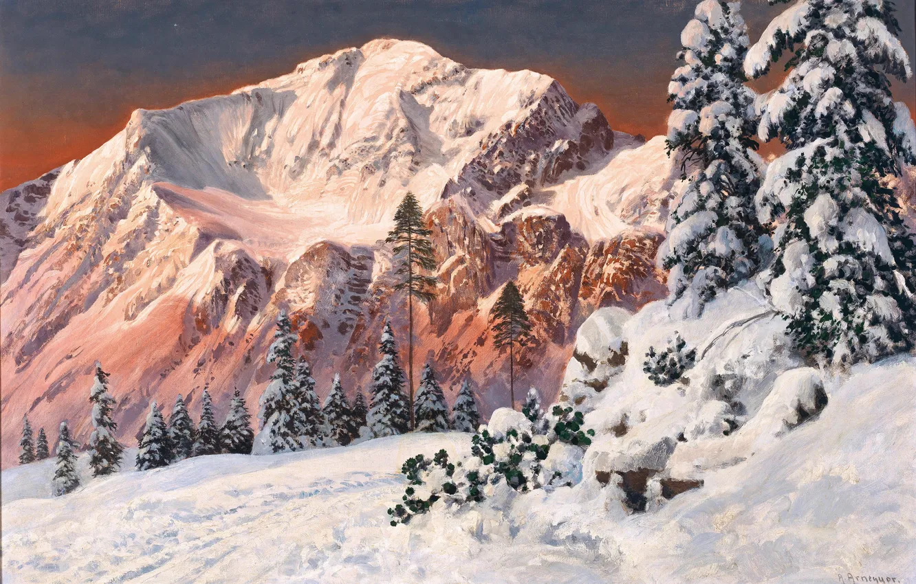 Фото обои зима, снег, деревья, горы, картина, Alois Arnegger, австрийский живописец, Алоис Арнеггер