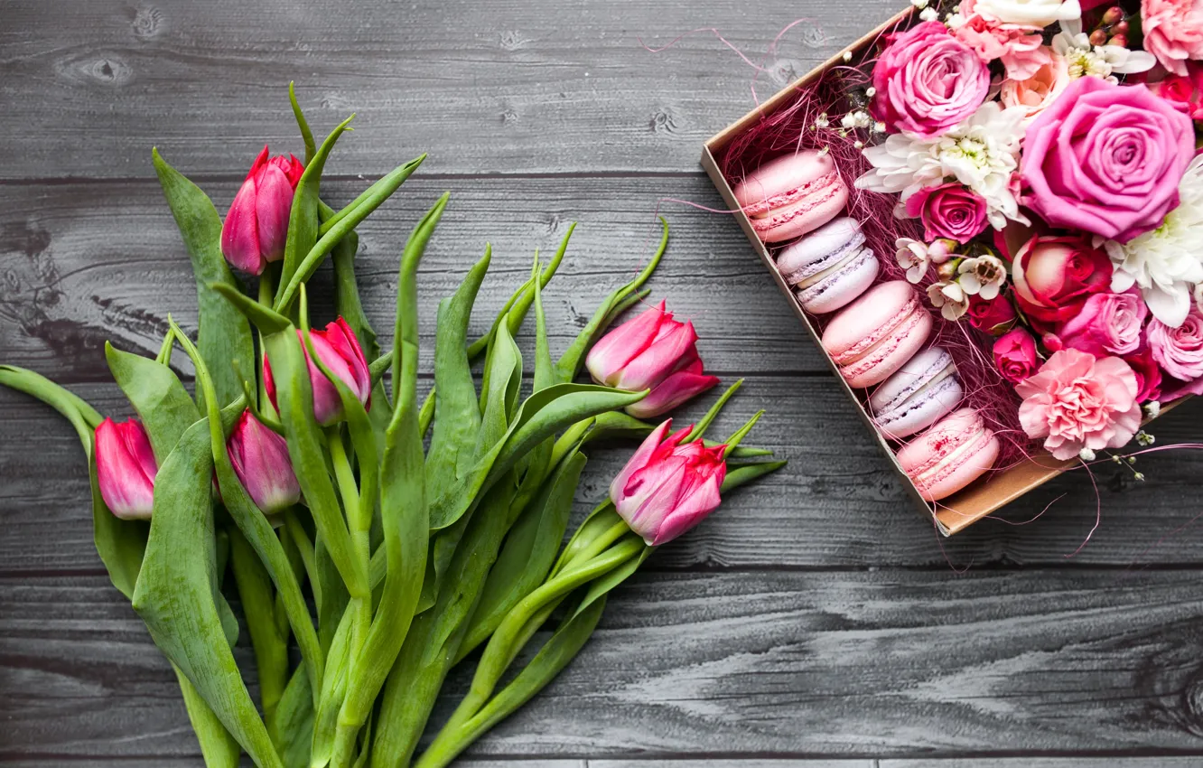 Фото обои цветы, коробка, подарок, букет, pink, тюльпанов, macaron