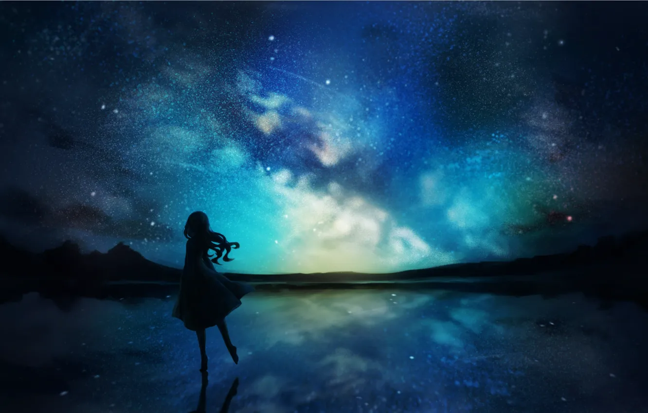 Фото обои небо, вода, девушка, ночь, природа