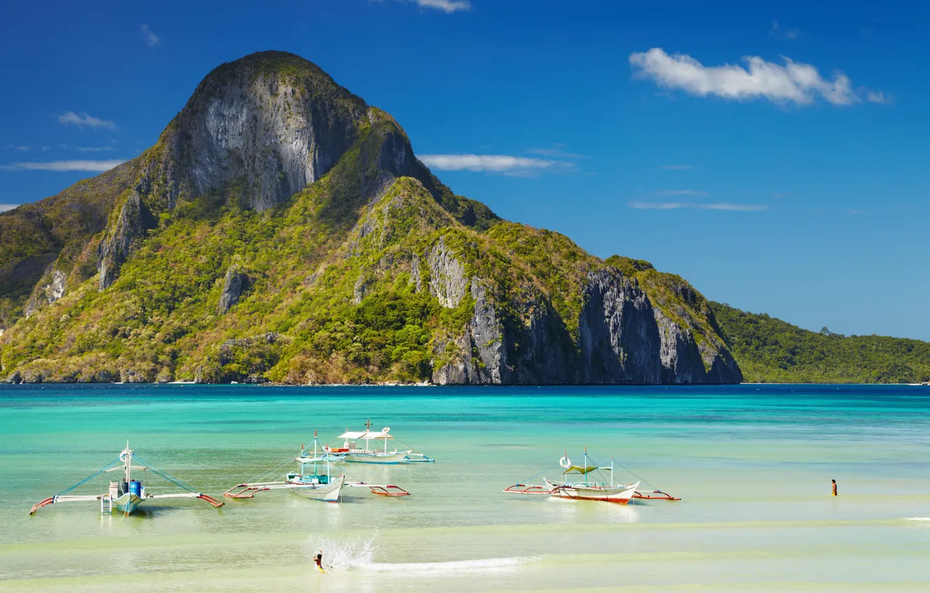 Фото обои пляж, океан, лодки, лагуна, Philippines, El Nido, Филлипины, Palawan