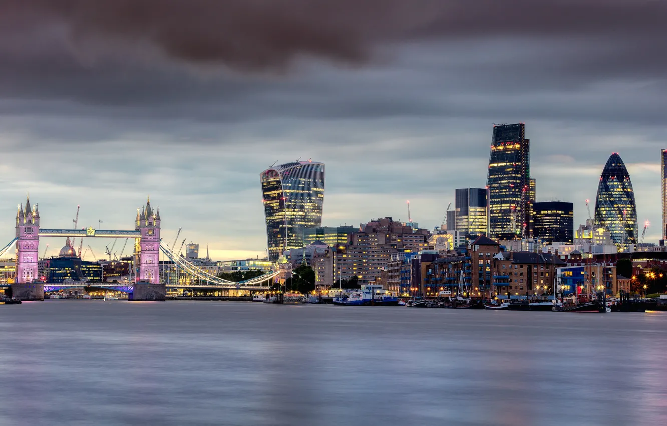 Фото обои storm, twilight, Tower Bridge, dusk, London, England, River Thames, cloudy