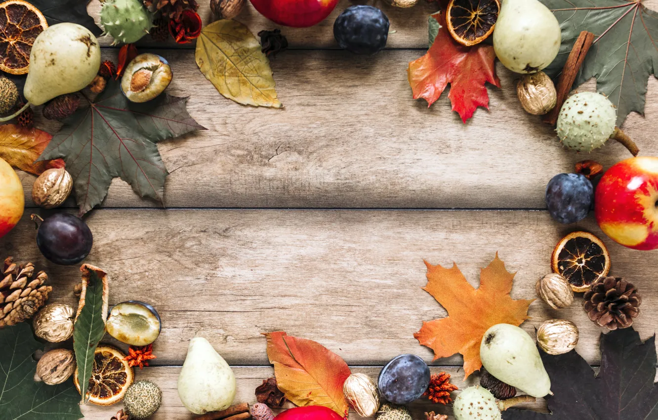 Фото обои осень, листья, яблоки, сливы, шишки, груши, открытка, шаблон