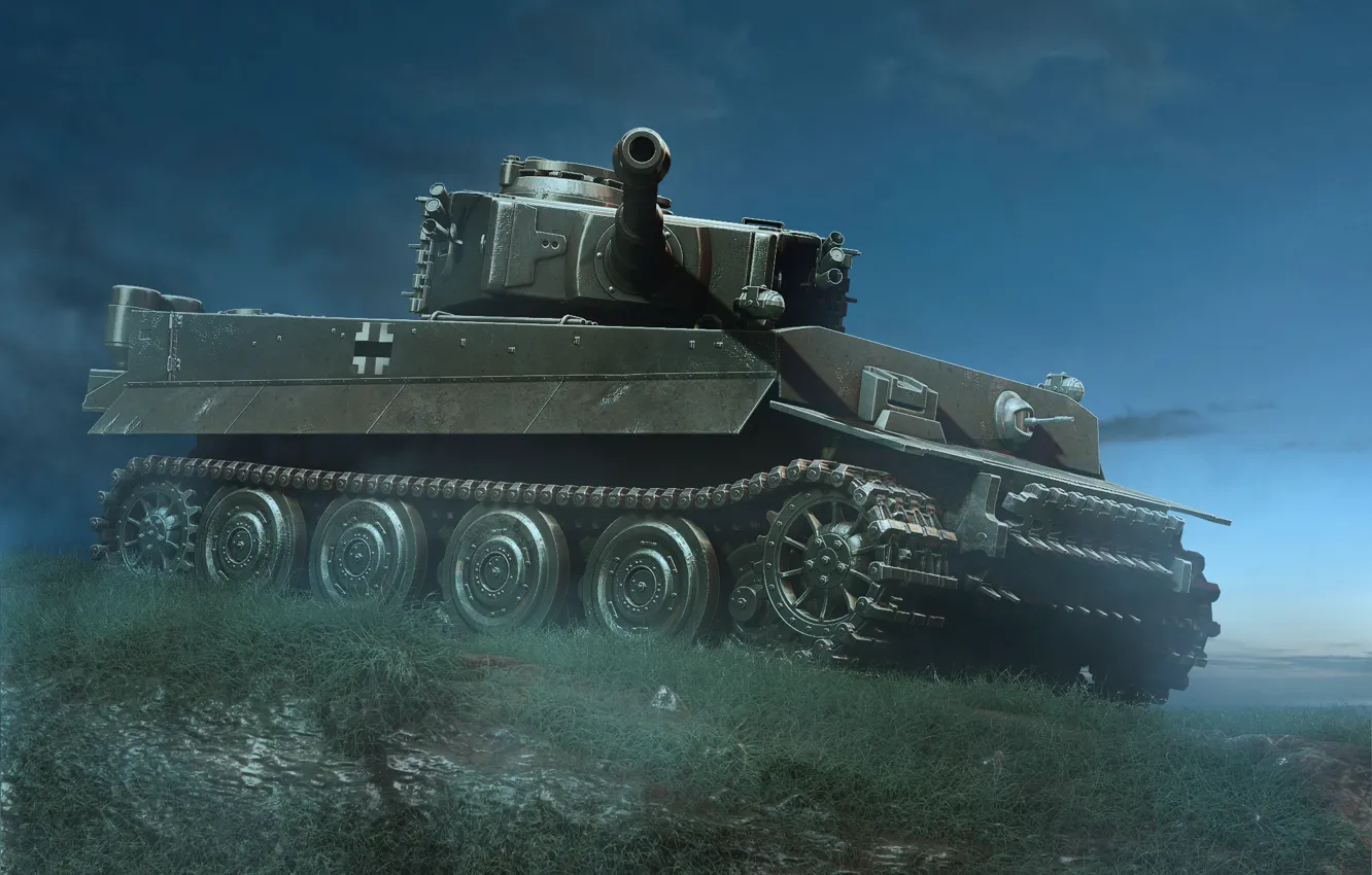 Фото обои ночь, Тигр, танк, Tiger, тяжелый, немецкий
