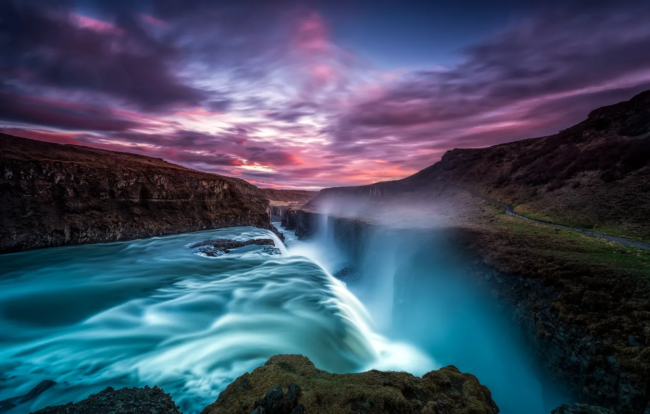 Фото обои небо, вода, облака, закат, скалы, водопад, Исландия, Iceland