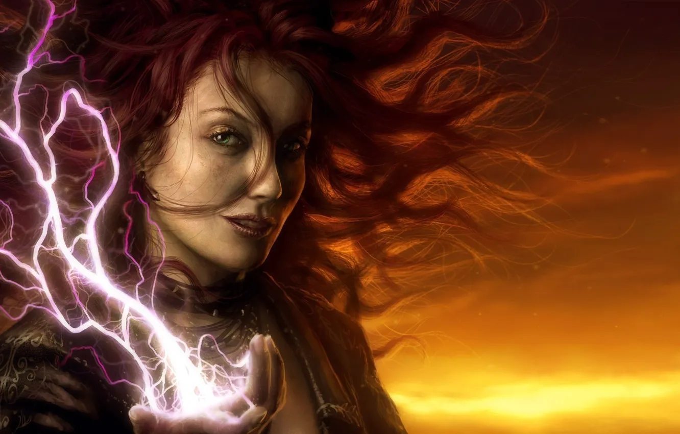 Фото обои red, girl, sky, red hair, woman, cloud, power, redhead