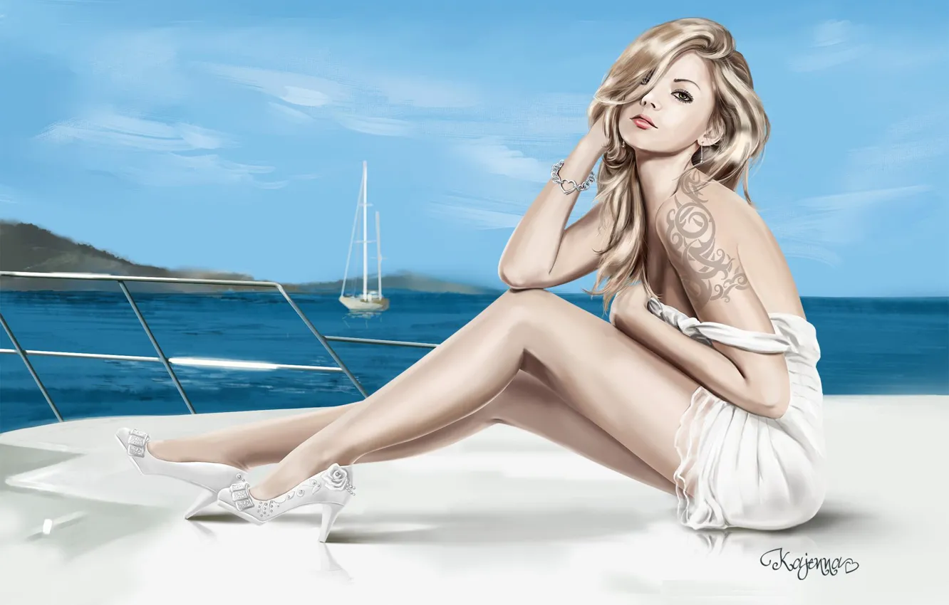 Фото обои море, взгляд, яхта, блондинка, туфли, ножки, белое платье, арт. девушка