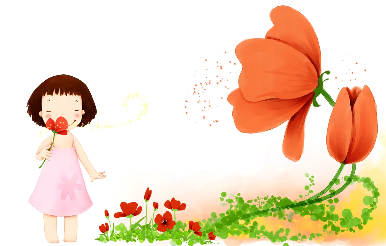 Фото обои цветы, улыбка, лепестки, платье, девочка, детские обои