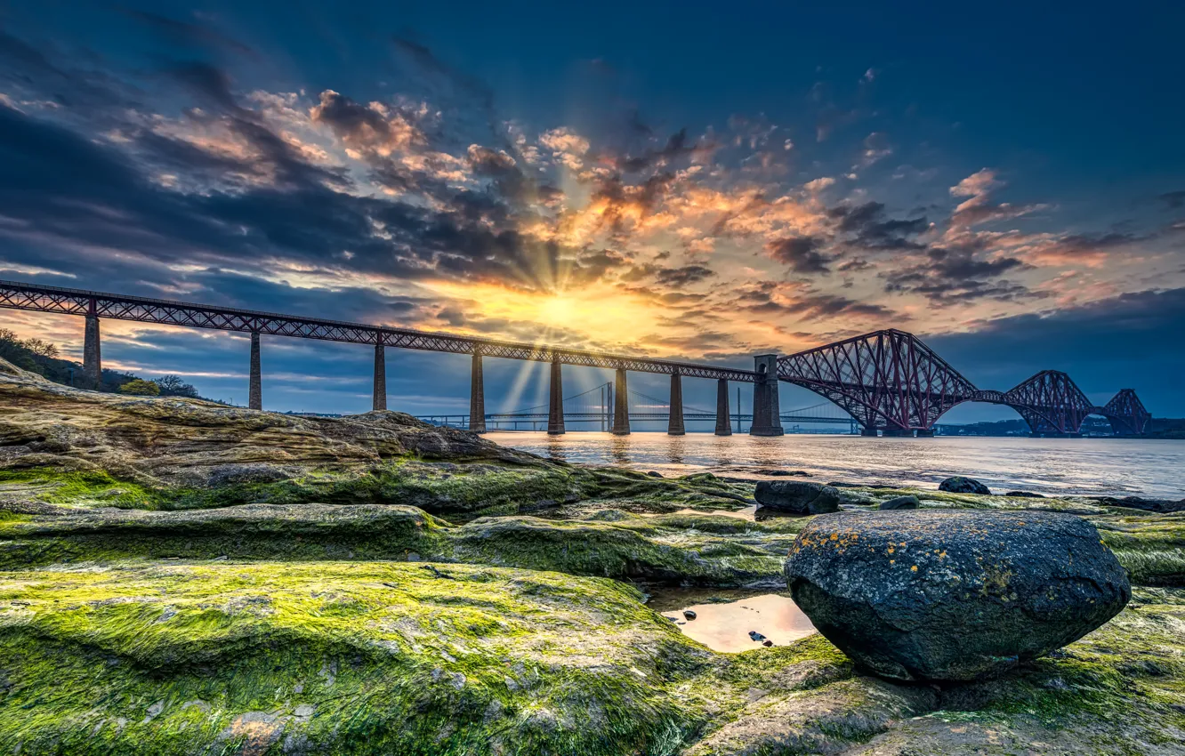 Фото обои закат, мост, побережье, камень, Шотландия, залив, Scotland, Forth Bridge