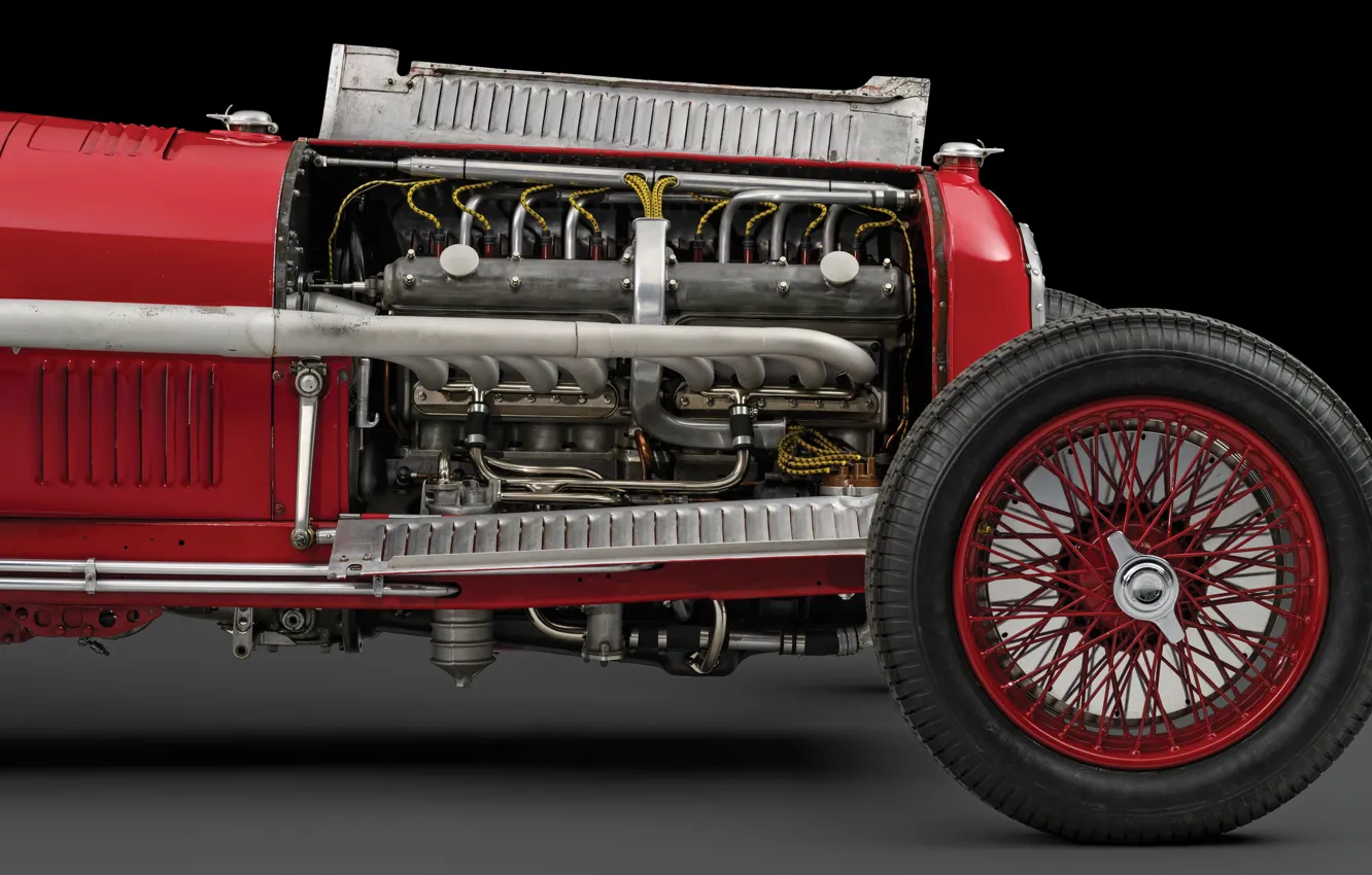 Фото обои Колесо, Капот, Двигатель, Спицы, Alfa Romeo, Classic, Scuderia Ferrari, 1932