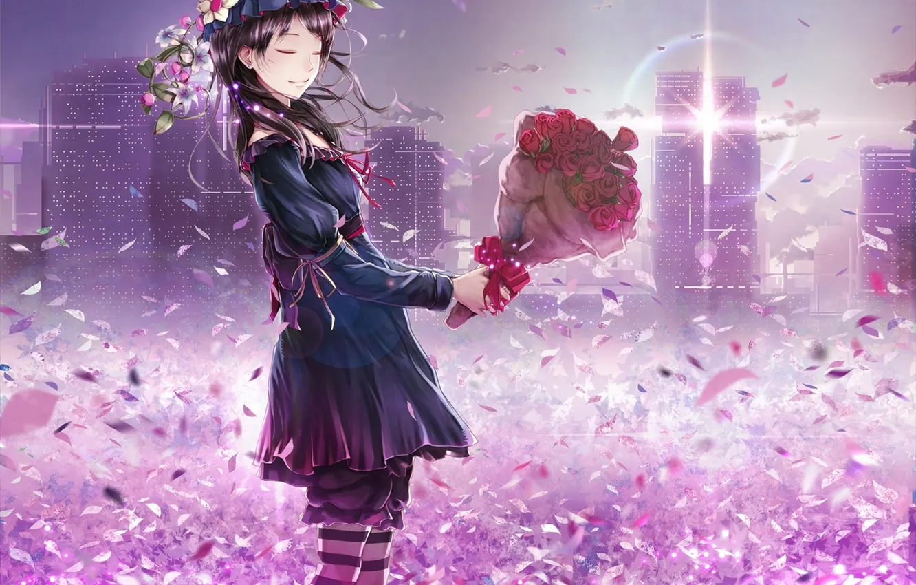 Фото обои девушка, цветы, город, дома, розы, букет, шляпа, аниме