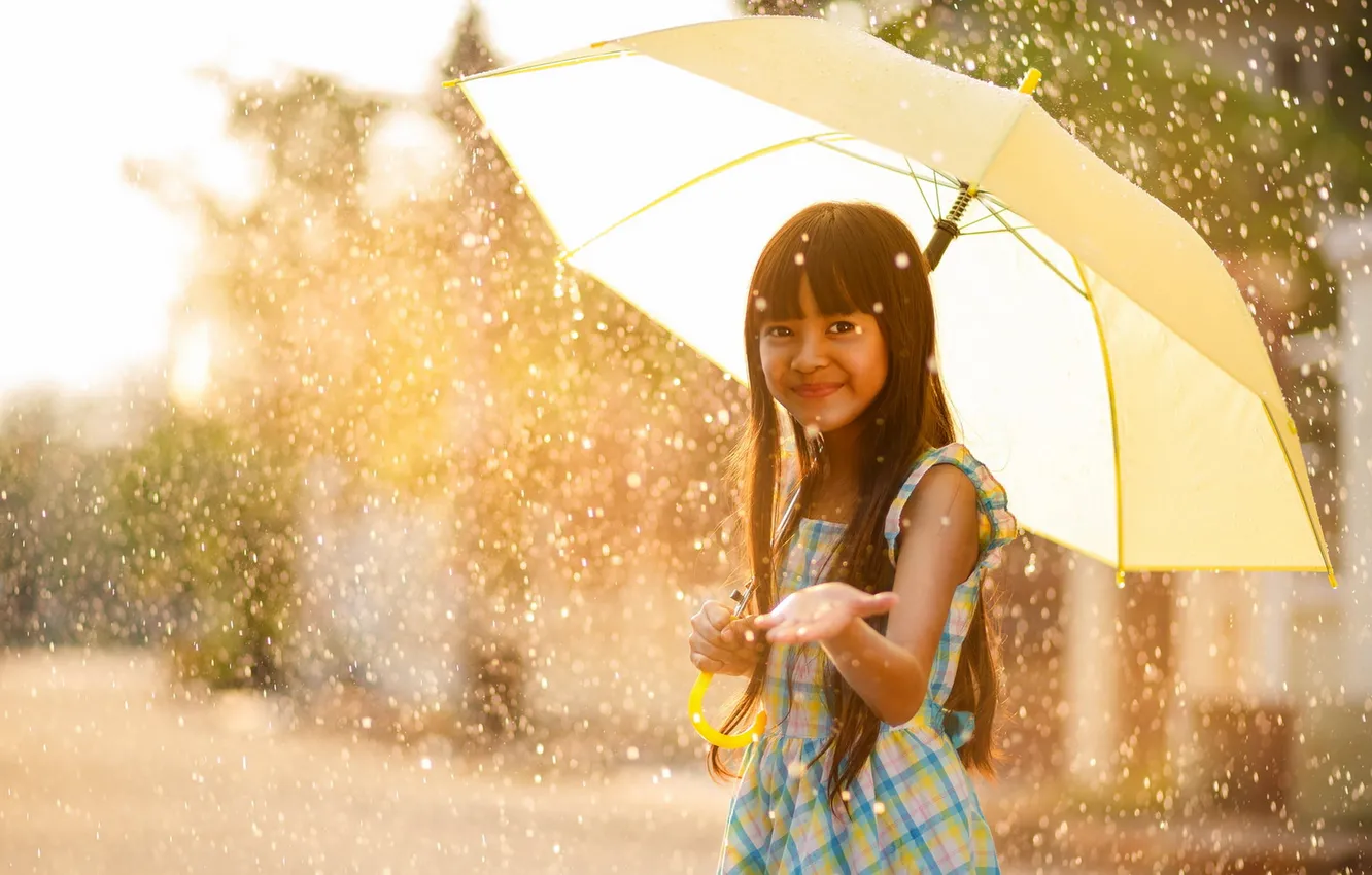 Фото обои дождь, настроение, зонт, девочка