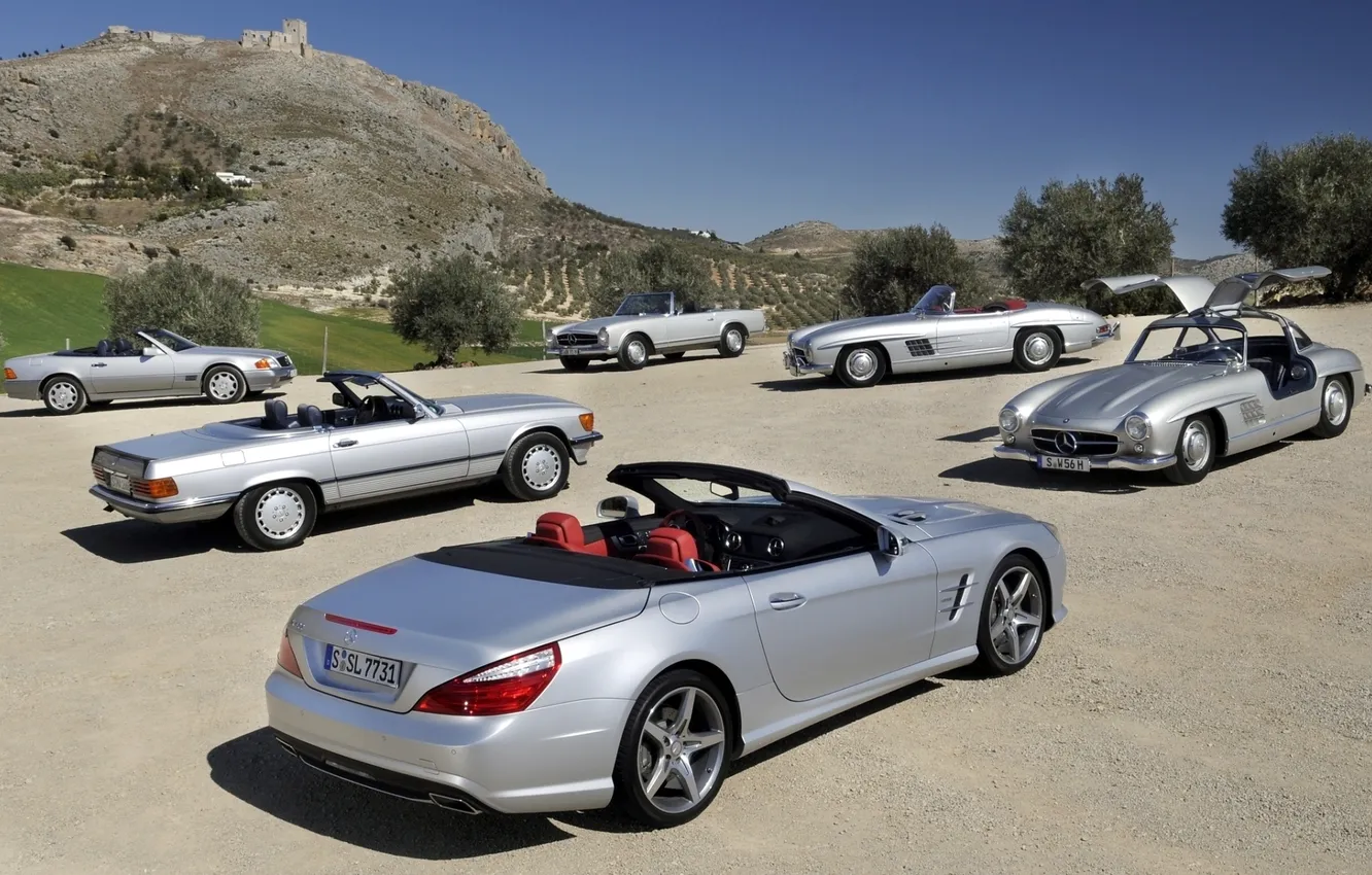 Фото обои небо, Mercedes-Benz, Мерседес, SL-Klasse, разные поколения, СЛ-класс