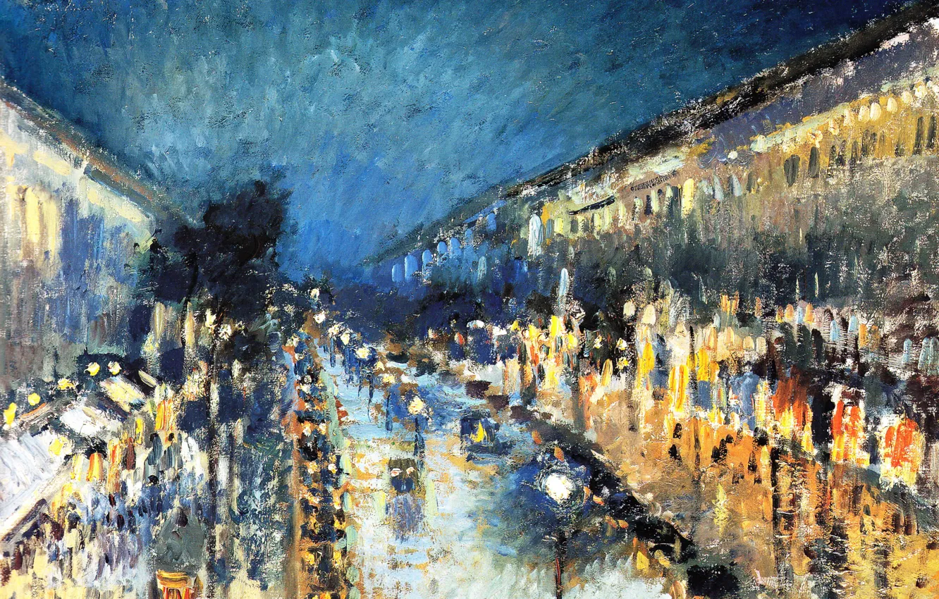 Фото обои улица, дома, городской пейзаж, Camille Pissarro, Камиль Писсарро, Бульвар Монмартр ночью