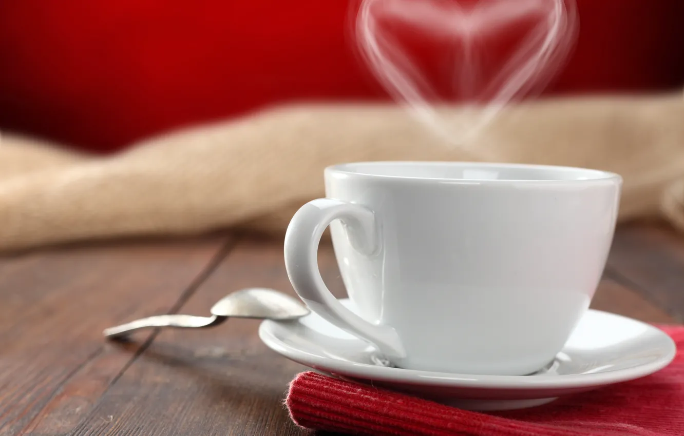 Фото обои стол, чай, сердце, кофе, ложка, чашка, блюдце, салфетка