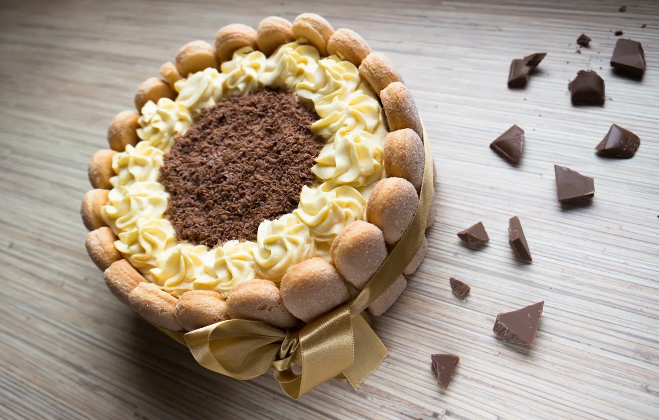 Фото обои шоколад, печенье, лента, торт, крем, бисквит, Савоярди
