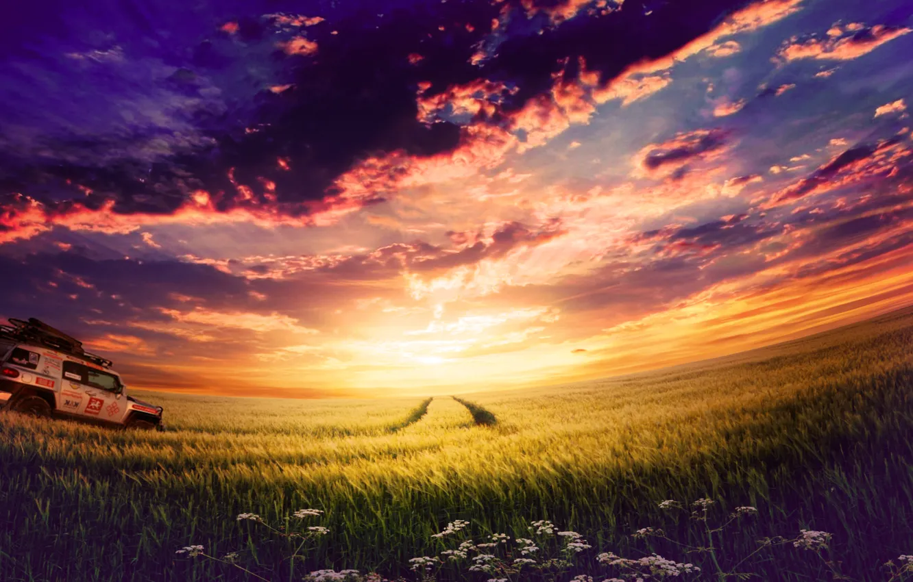 Фото обои дорога, машина, небо, закат