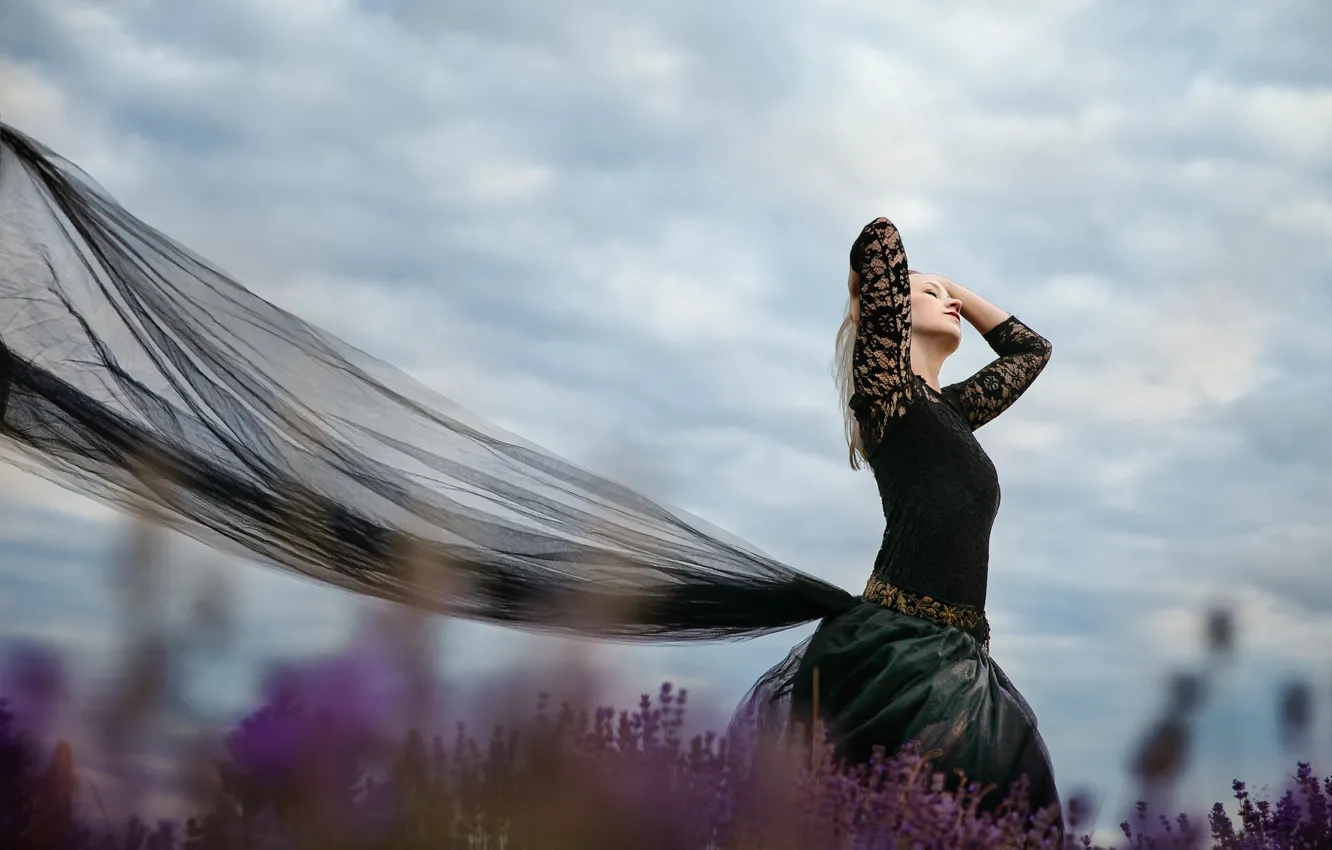 Фото обои поле, небо, девушка, поза, руки, блондинка, ткань, черное платье