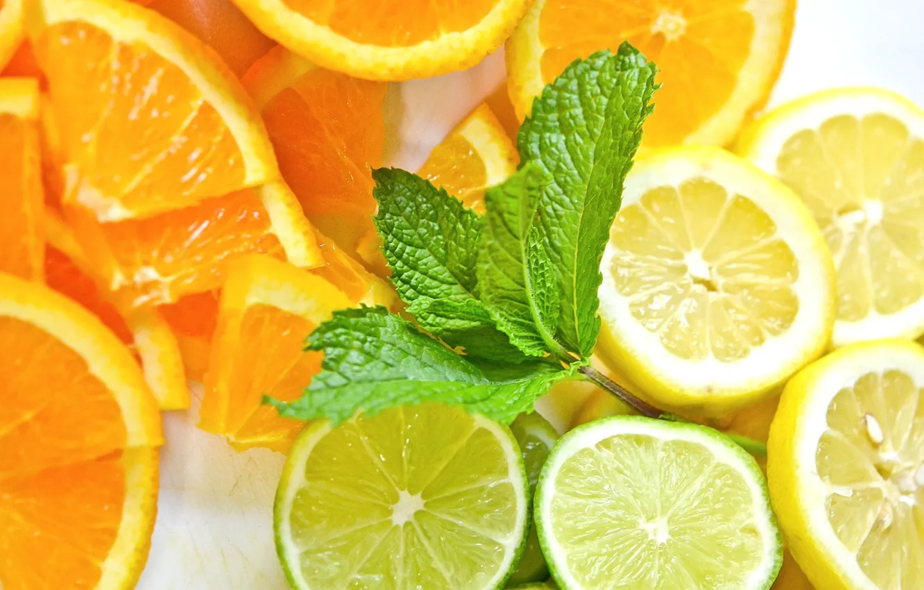 Фото обои лимон, апельсин, еда, лайм, мята, свежесть.