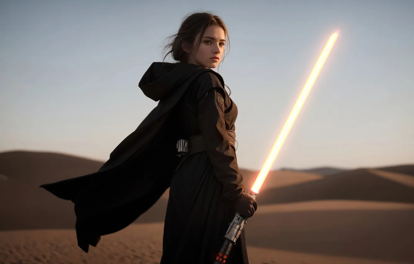 Фото обои girl, desert, art, sands, digital art, lightsaber, Stable Diffusion, neuronet