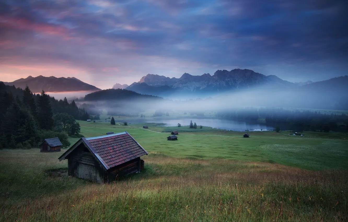 Фото обои горы, туман, утро, домики, альпы