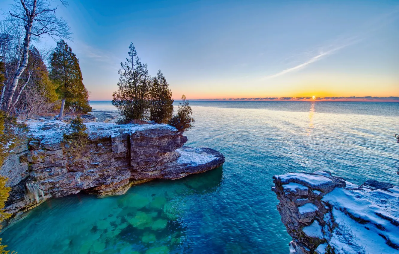 Фото обои деревья, восход, скалы, озеро Мичиган, Lake Michigan