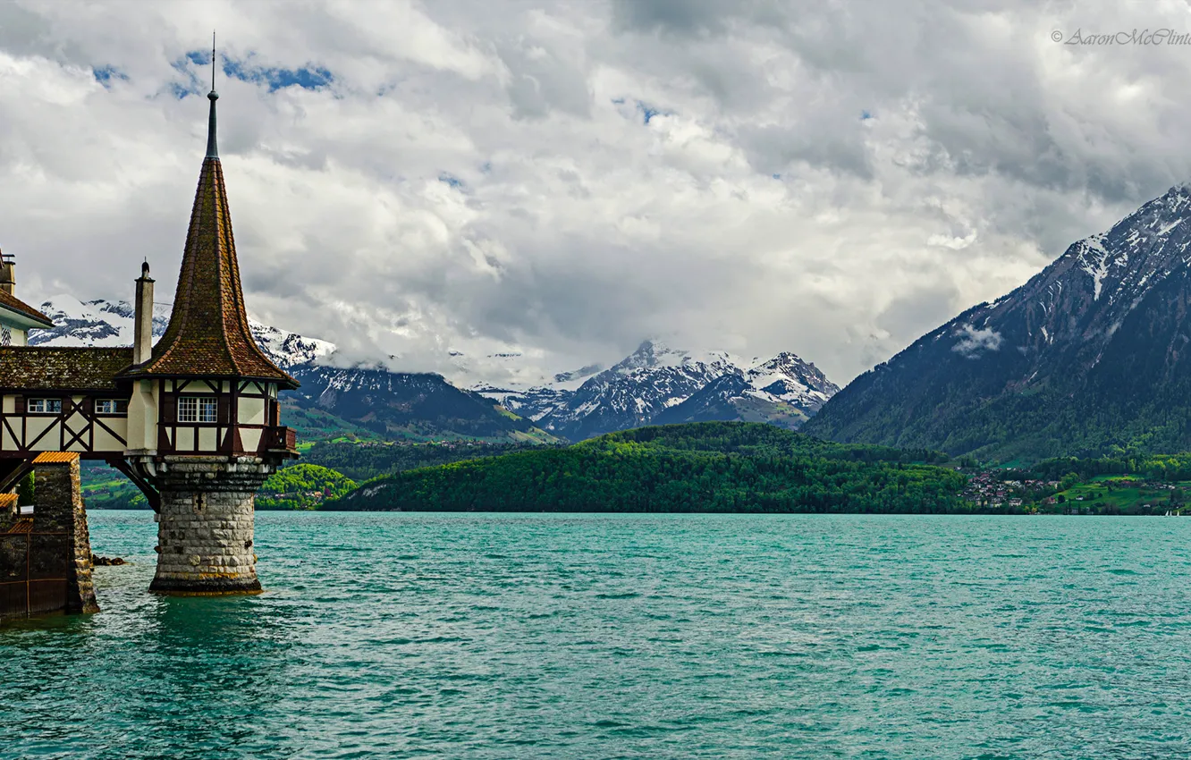 Фото обои небо, горы, озеро, башня, Швейцария, Оберхофен, oberhofen