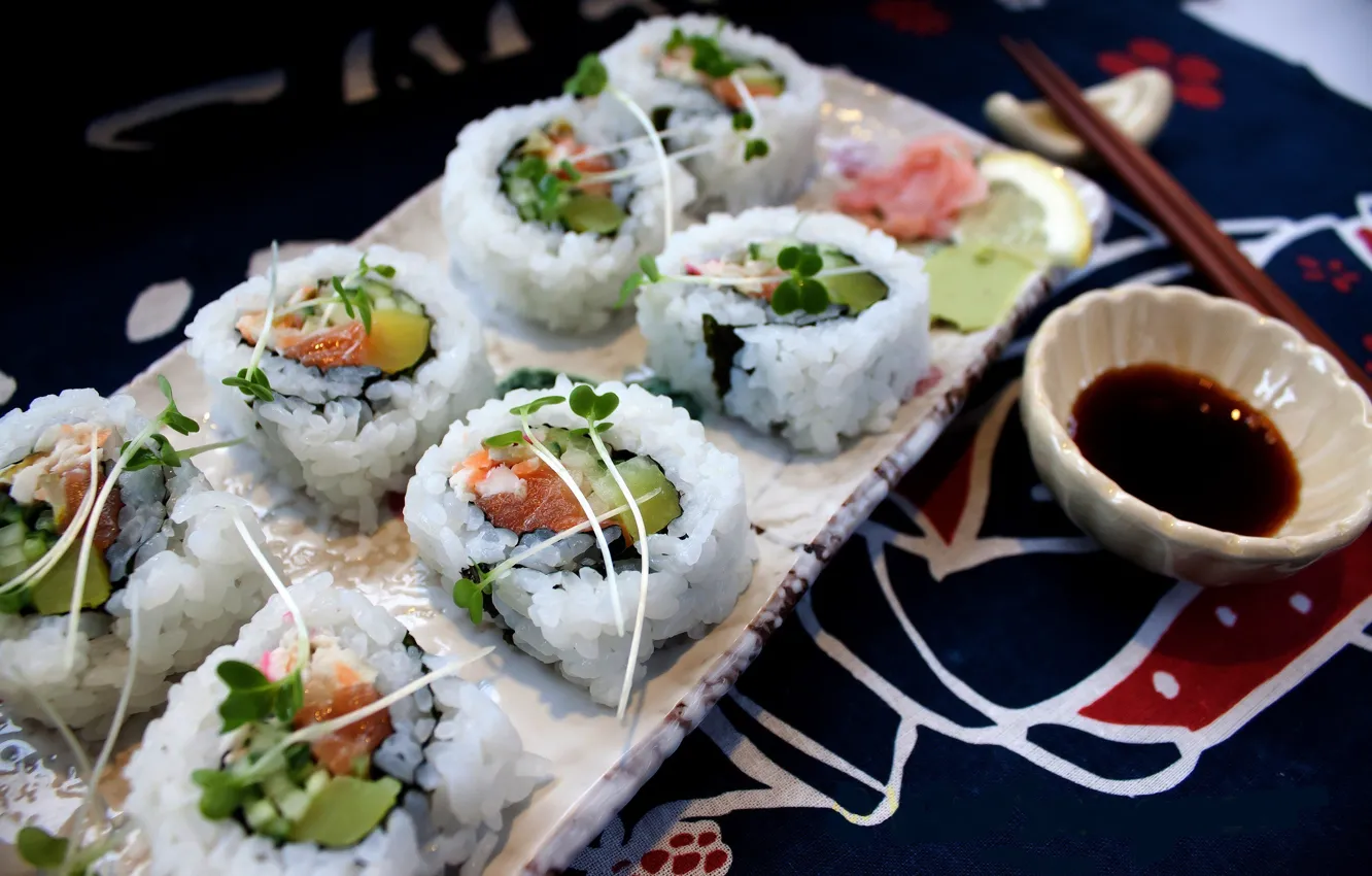 Фото обои зелень, краб, рыба, Япония, огурец, Japan, рис, rolls
