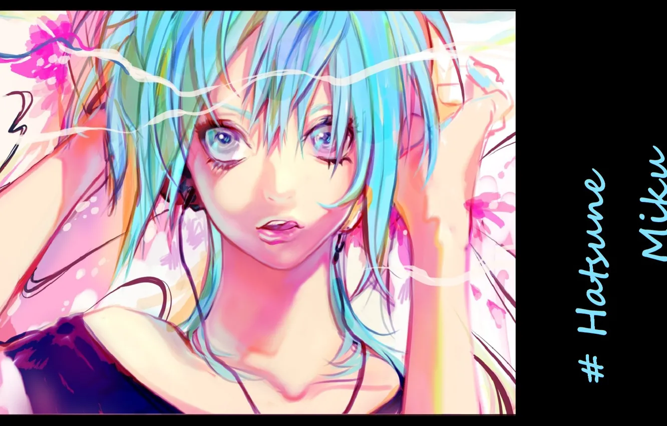 Фото обои лицо, vocaloid, Hatsune Miku, чёрный фон, вокалоид, голубые волосы, Хатсуне Мику, руки за головой