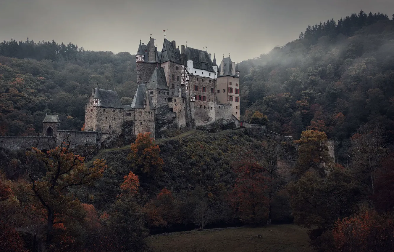 Фото обои небо, деревья, горы, Германия, замок Эльц, средневековая архитектура