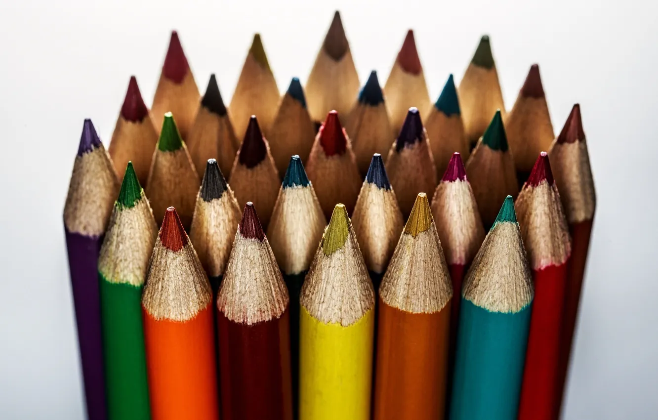 Фото обои макро, светлый фон, цветные карандаши