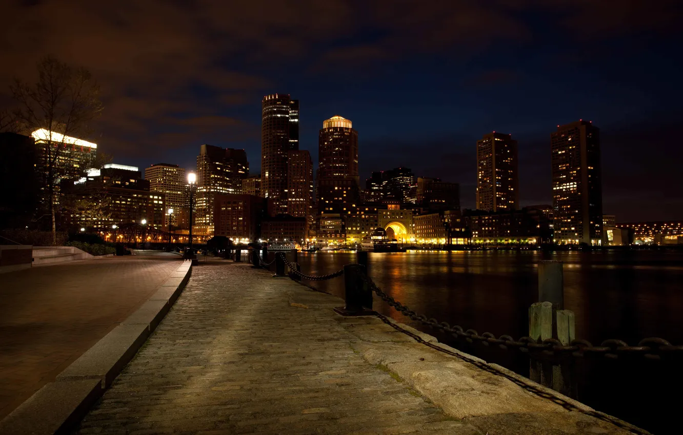 Фото обои ночь, порт, набережная, Бостон