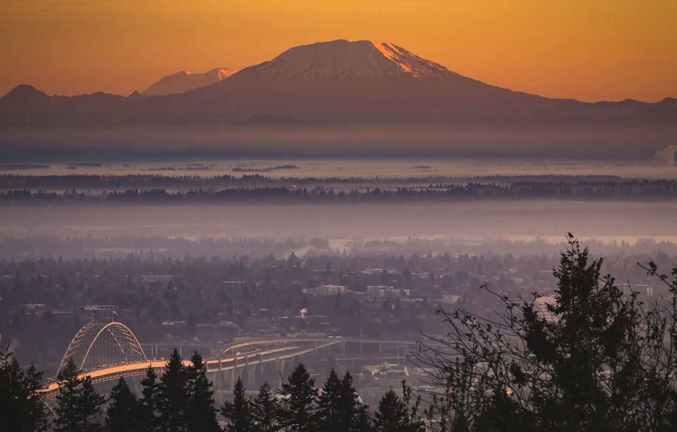 Фото обои облака, горы, мост, горизонт, Орегон, Портленд, восход солнца, Соединенные Штаты