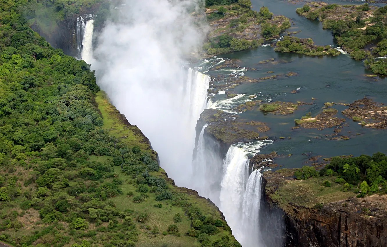 Фото обои тропики, река, обрыв, водопад, вид сверху, Victoria Falls, Zimbabwe