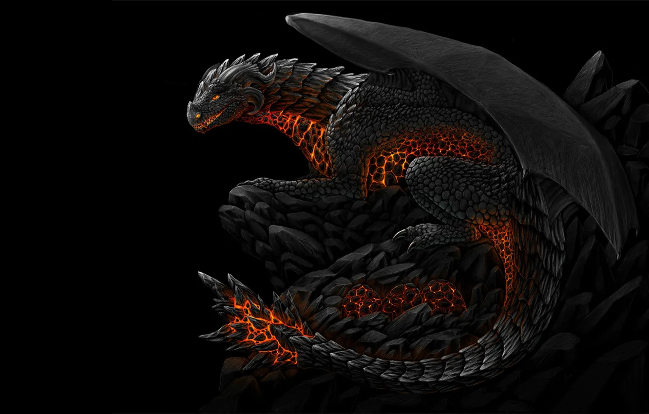 Фото обои тьма, черный, дракон, пасть, огнедышащий
