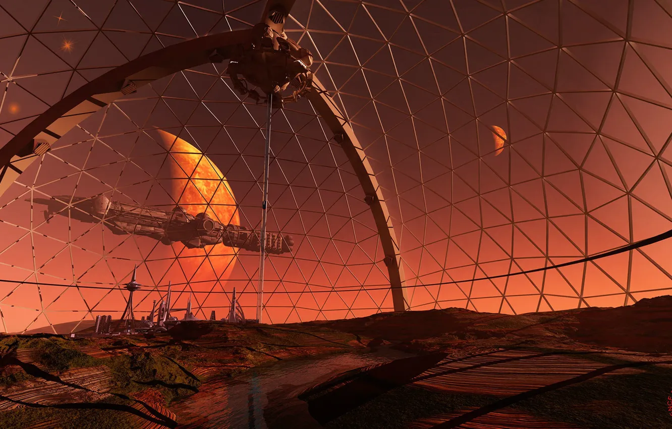 Фото обои корабль, планета, сооружение, купол, Dome Colony