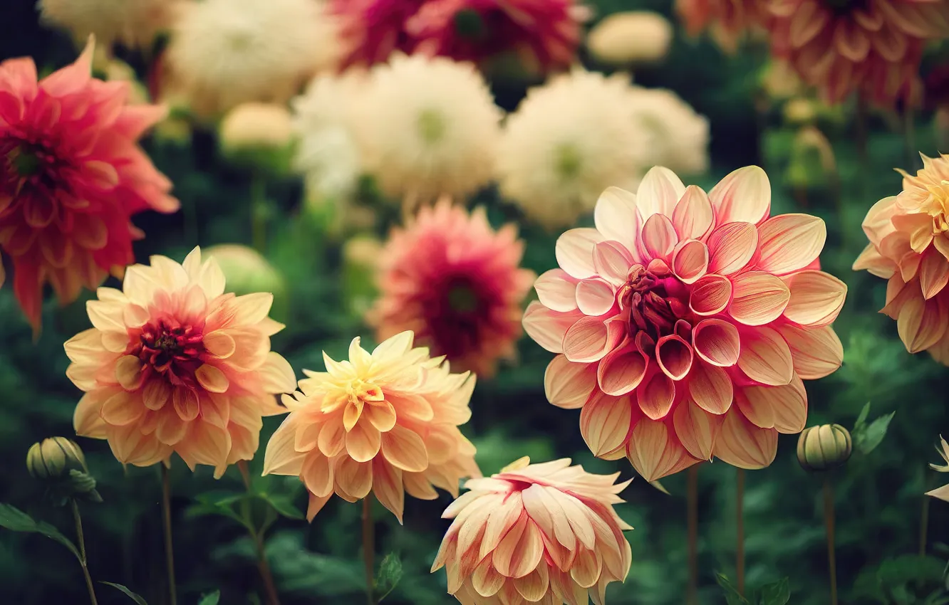 Фото обои лето, цветы, красный, сад, кремовый, розовые, боке, георгины
