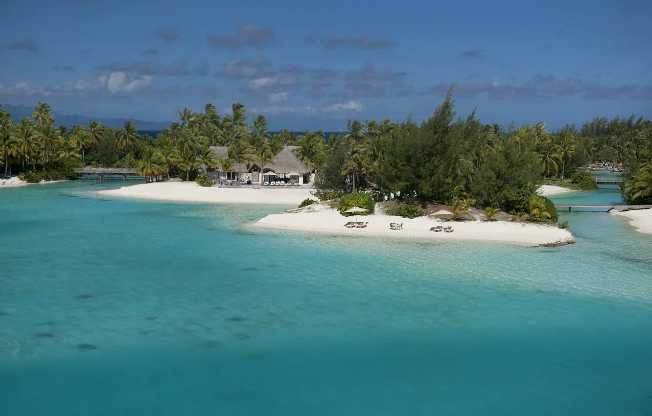 Фото обои пляж, пальмы, океан, курорт, белый песок, голубая лагуна, bora-bora, st-regis