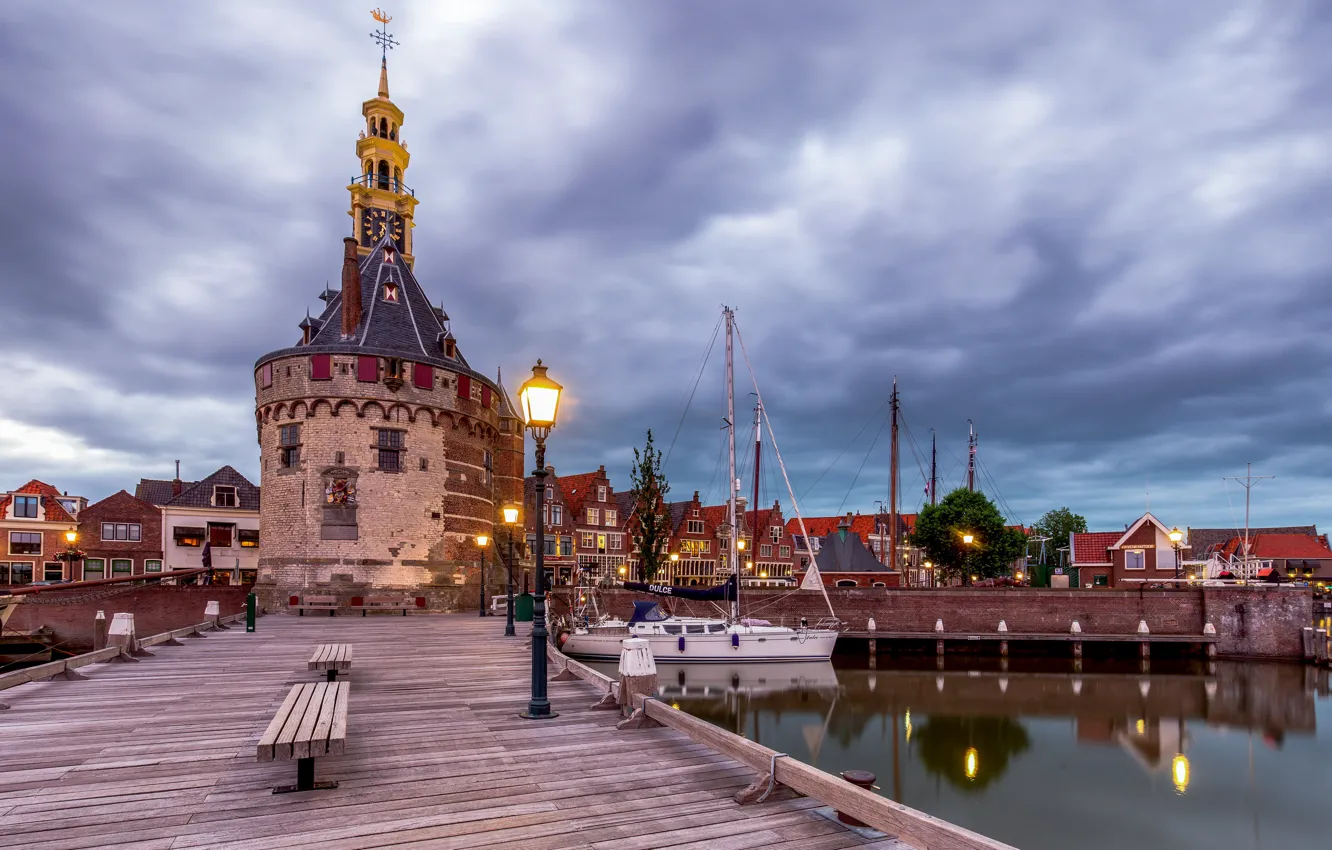 Фото обои пристань, башня, фонари, Нидерланды, Hoorn