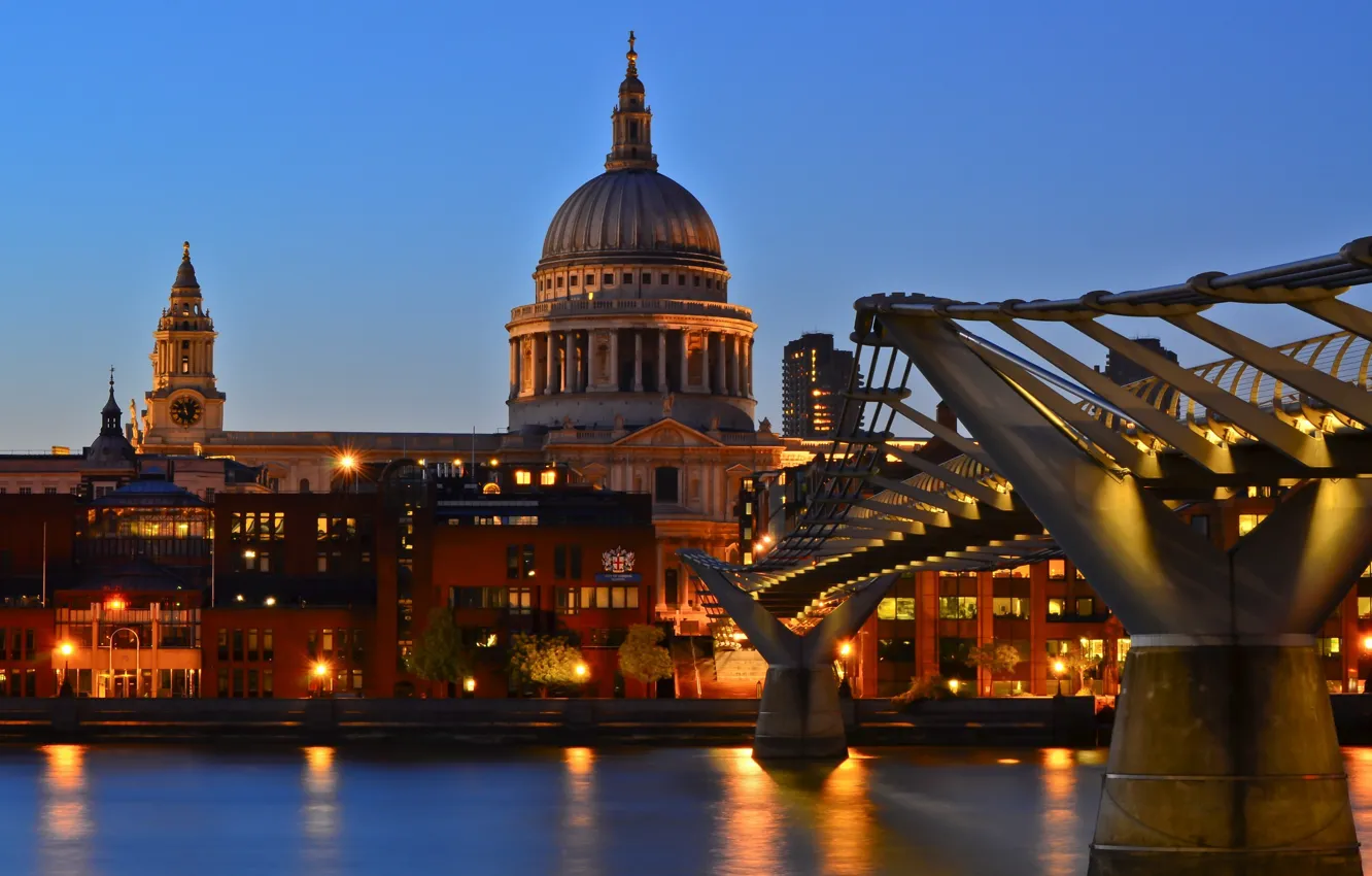 Фото обои Англия, Лондон, twilight, London, England, millennium bridge, thames, st pauls cathedral