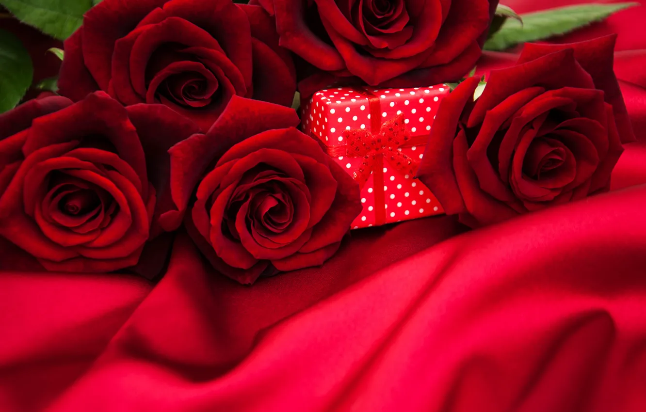 Фото обои красный, фон, подарок, розы, букет, красные, ткань, бутоны