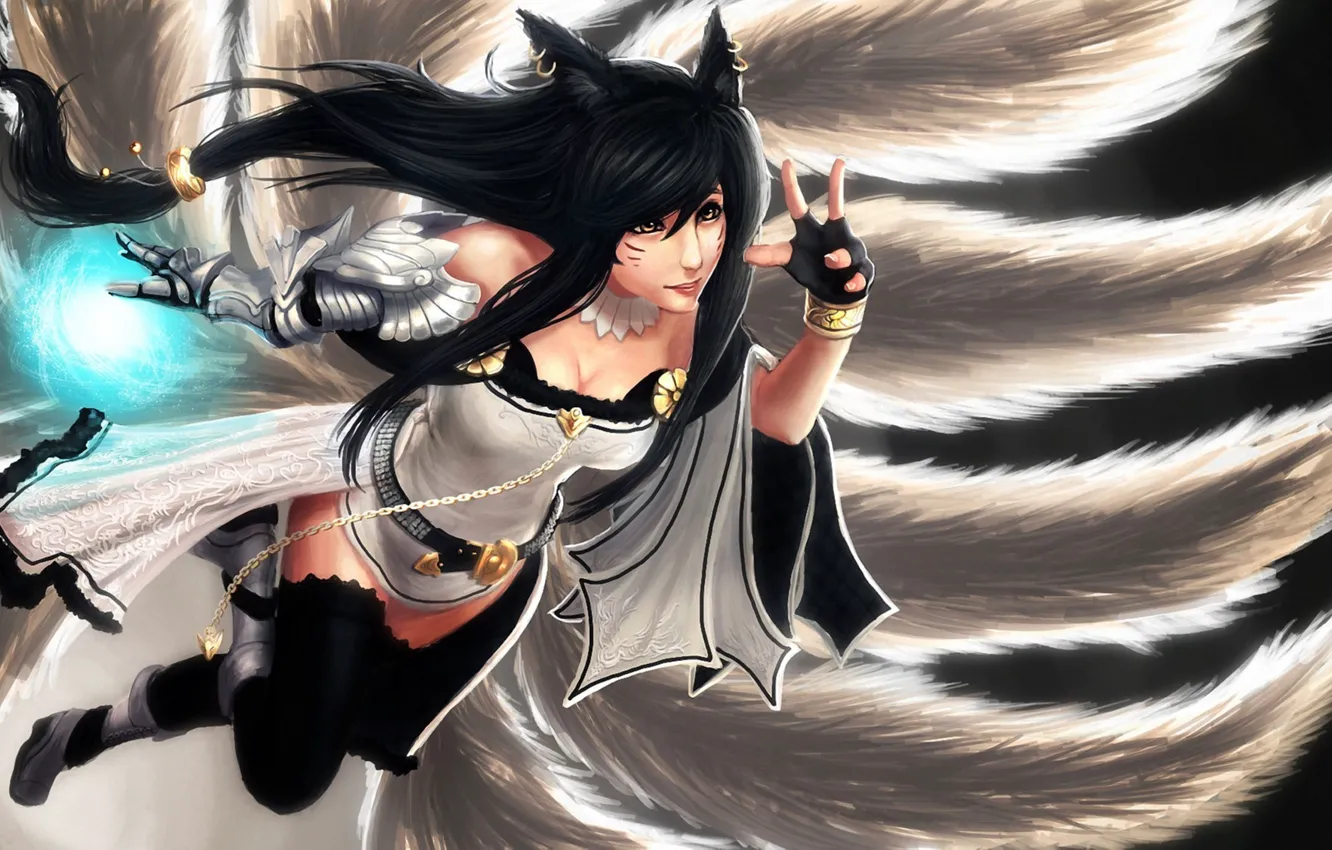 Фото обои девушка, магия, арт, league of legends, хвосты, ahri, artnothearts