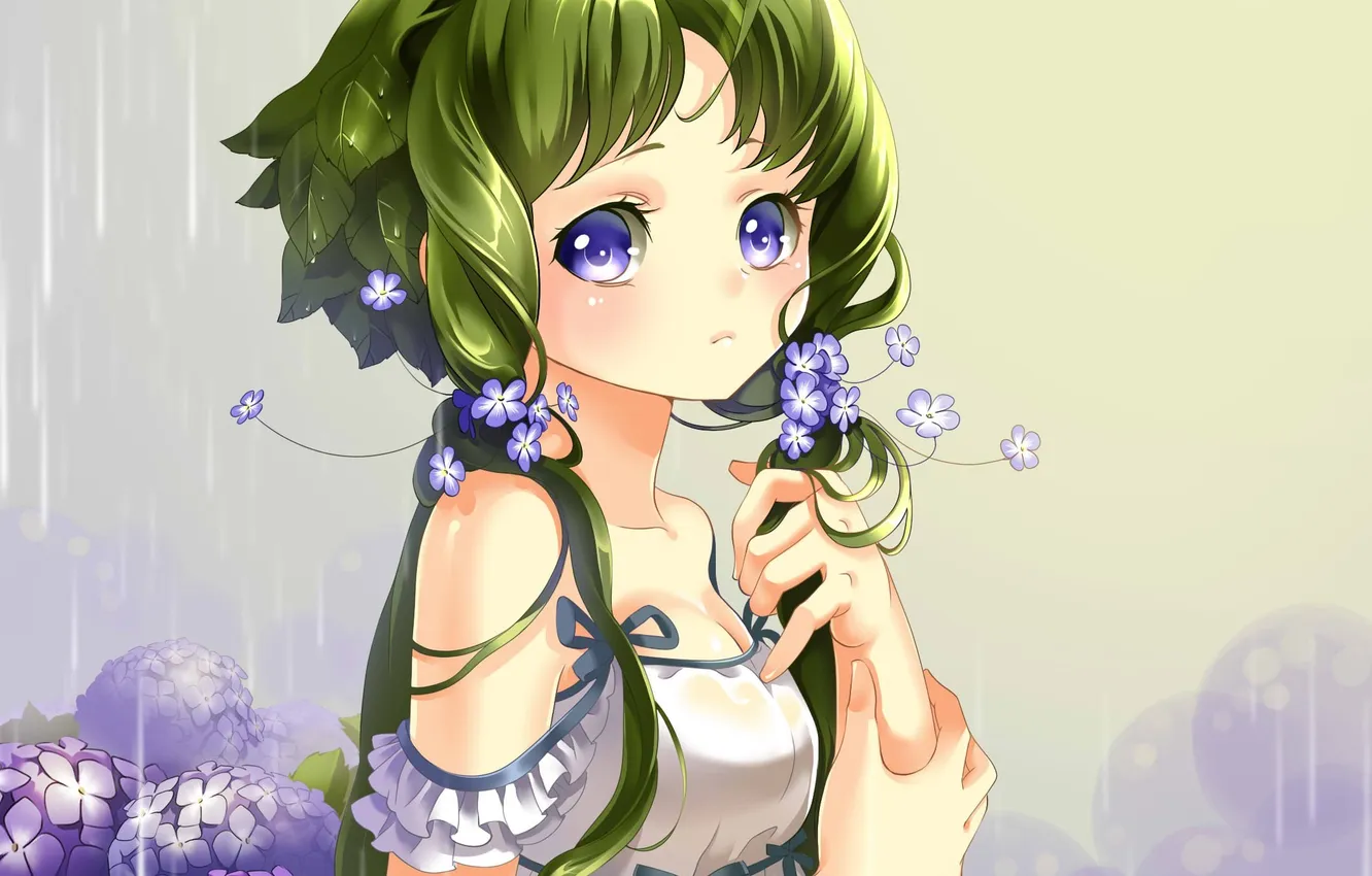 Фото обои цветы, дождь, арт, девочка, зеленые волосы, гортензия
