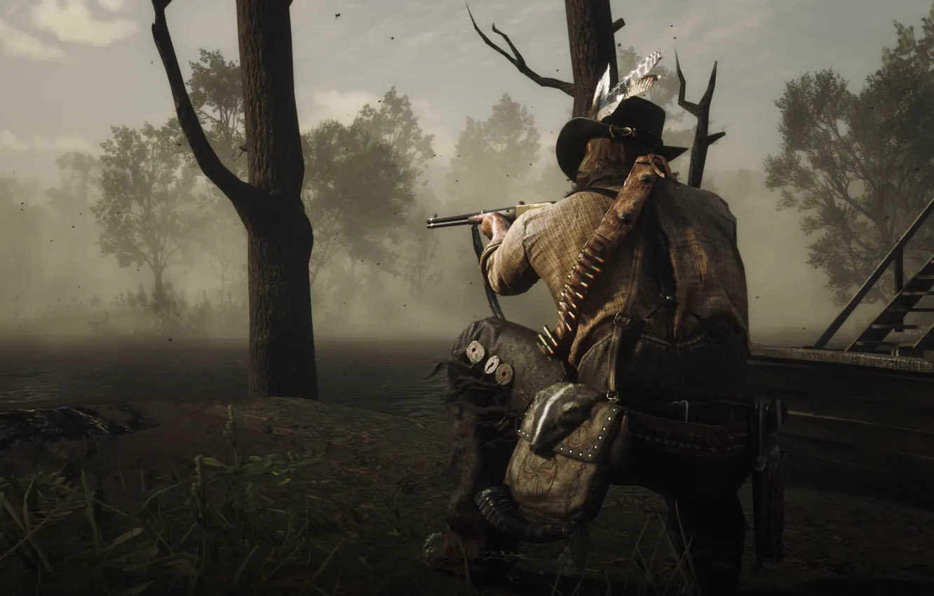 Фото обои HDR, Gun, Game, Trees, Mud, Shot, UHD, Red Dead Redemption 2