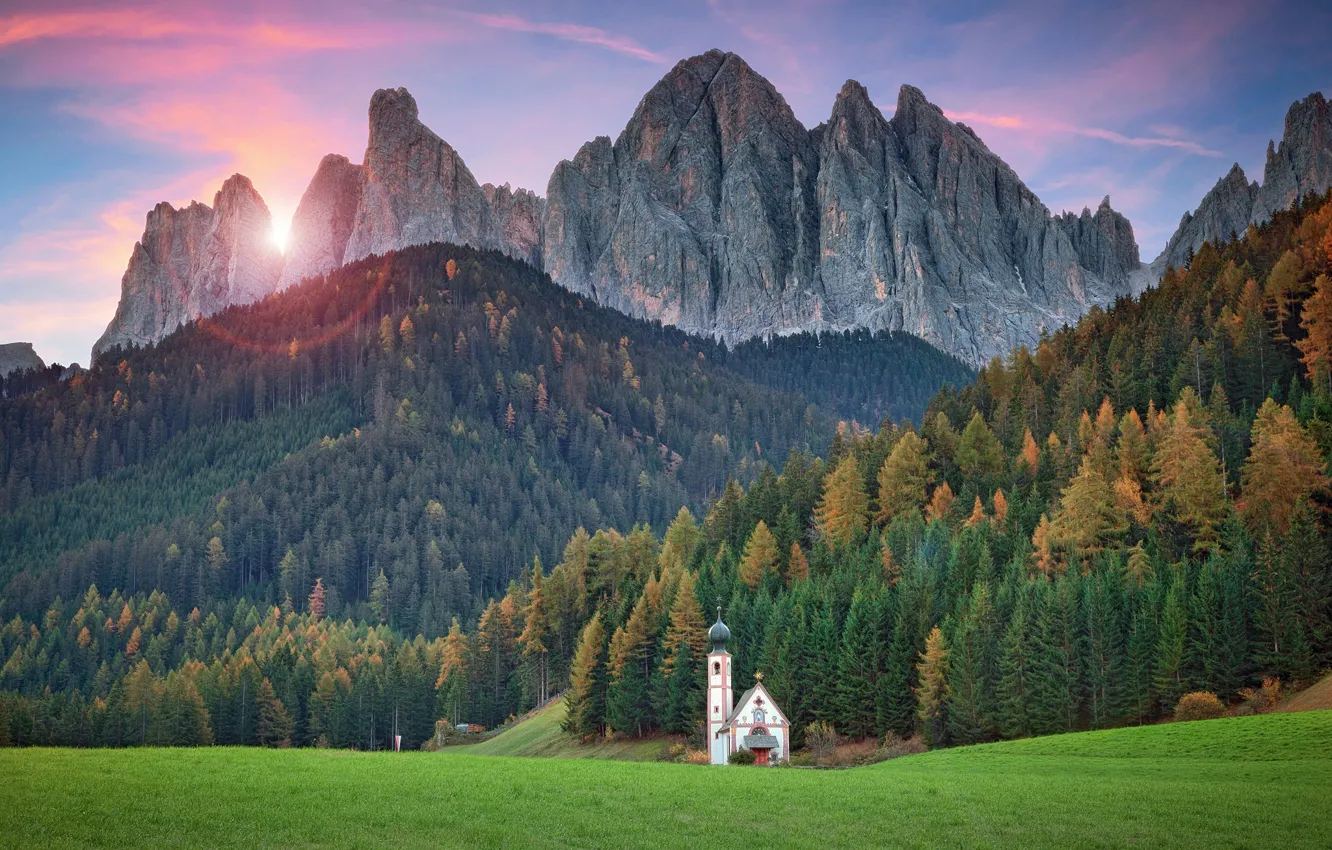 Фото обои лес, горы, Италия, церковь, храм, луга, Южный Тироль, доломитовые Альпы