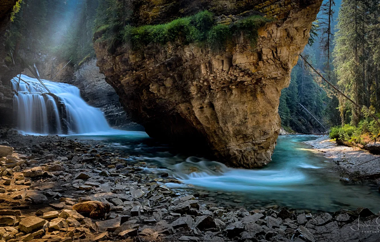Фото обои лес, пейзаж, природа, река, камни, скалы, водопад, Канада