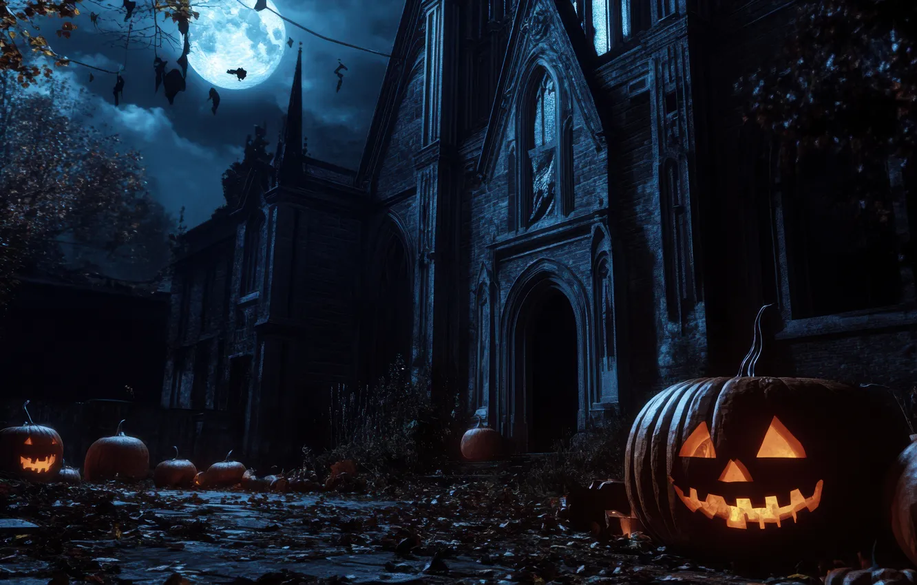 Фото обои Ночь, Луна, Дом, Тыквы, Halloween, Хэллоуин, Цифровое искусство, Жутко