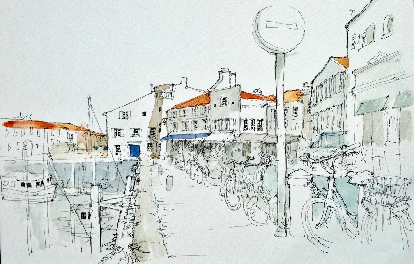 Фото обои город, рисунок, Saint Martin en Ré, Le port