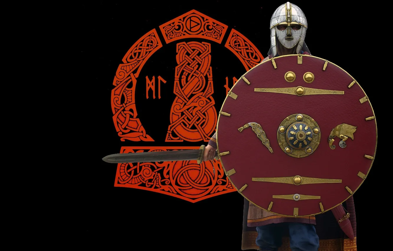 Фото обои Воин, Шлем, Мечь, Щит, Sword, Мьёльнир, Helmet, Shield